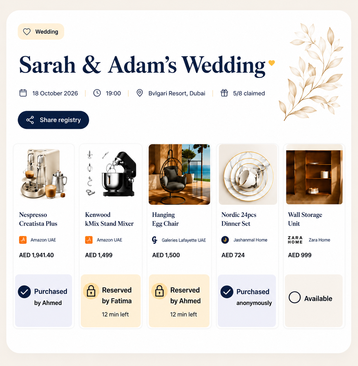 Sarah & Adam's wedding registry preview