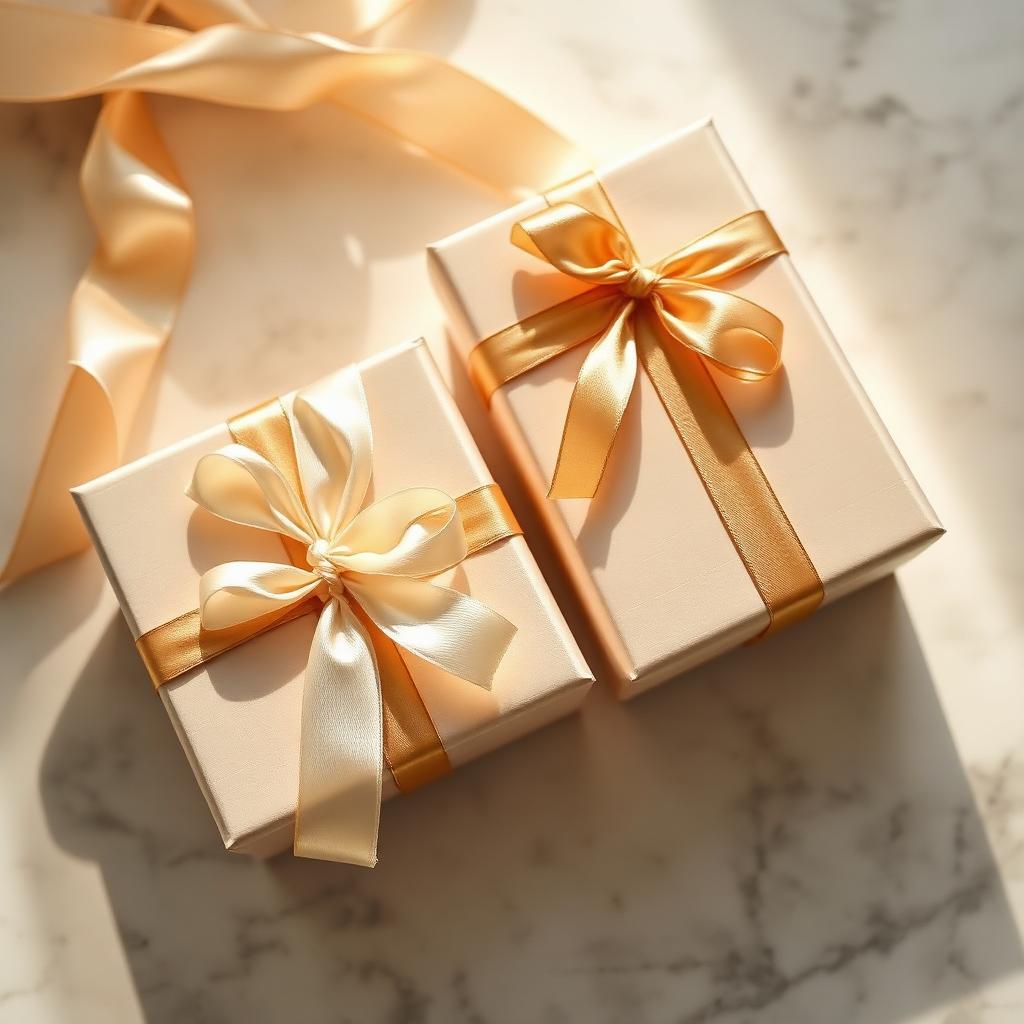 Beautifully wrapped gifts with gold ribbons